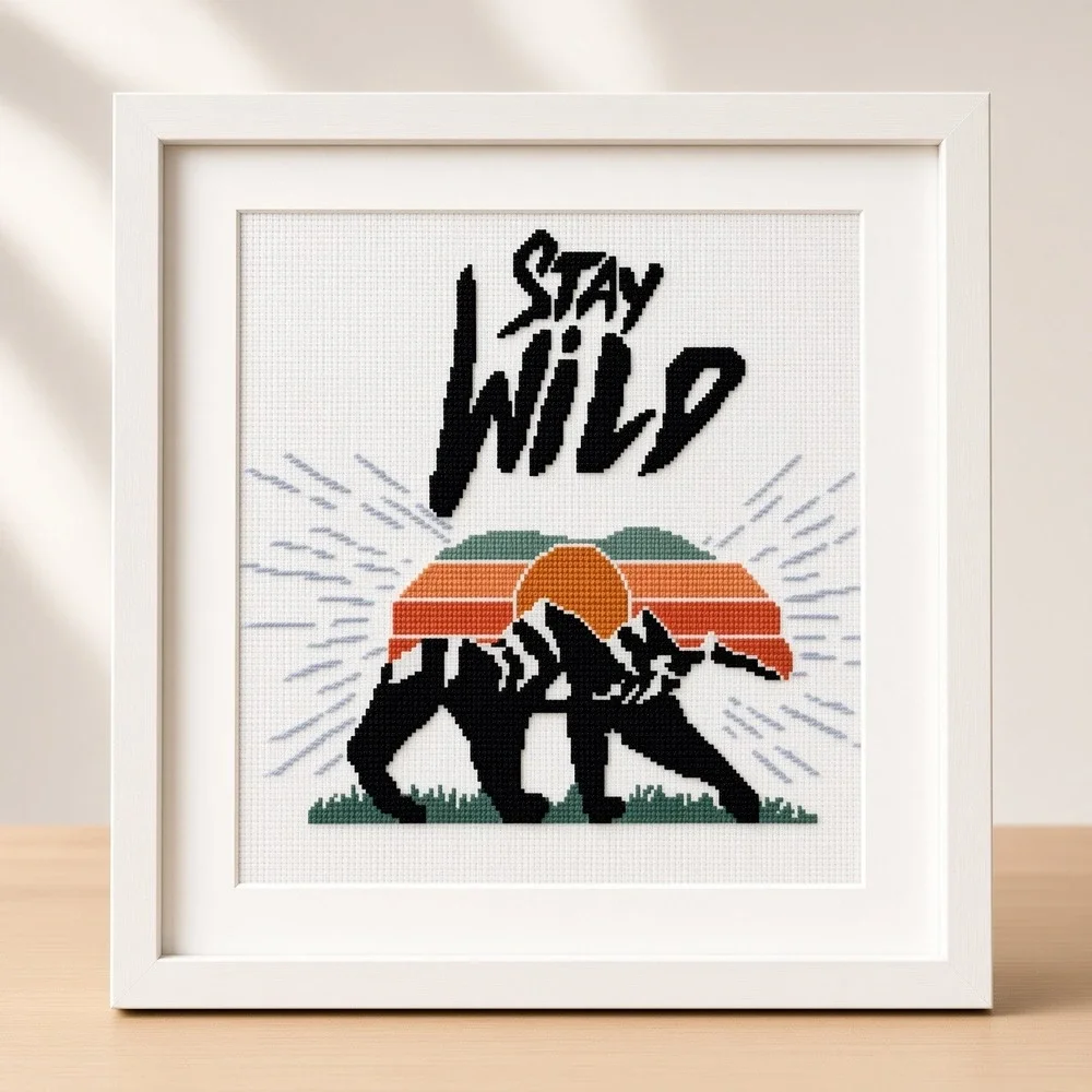 Stay Wild Bear Modern Cross Stitch Pattern Retro Mountain Art